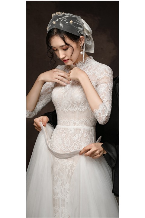 Cutout Corset Back 3/4 Sleeve Two in One Lace Wedding Dress with Detachable Tulle Overskirt