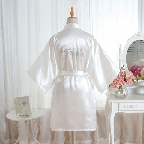 Hot Drilling Tied Waist Silk Bride Robe