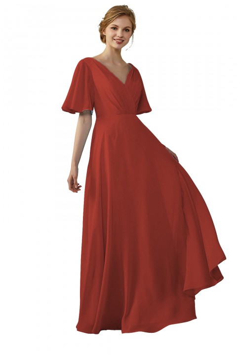 Casual V-Neck Flutter Sleeves Chiffon Ruched Bridesmaid Dress with Keyhole Back