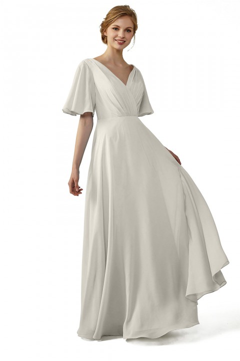 Casual V-Neck Flutter Sleeves Chiffon Ruched Bridesmaid Dress with Keyhole Back