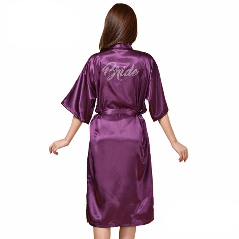 Hot Drilling Tied Waist Silk Bride Robe with Pockets