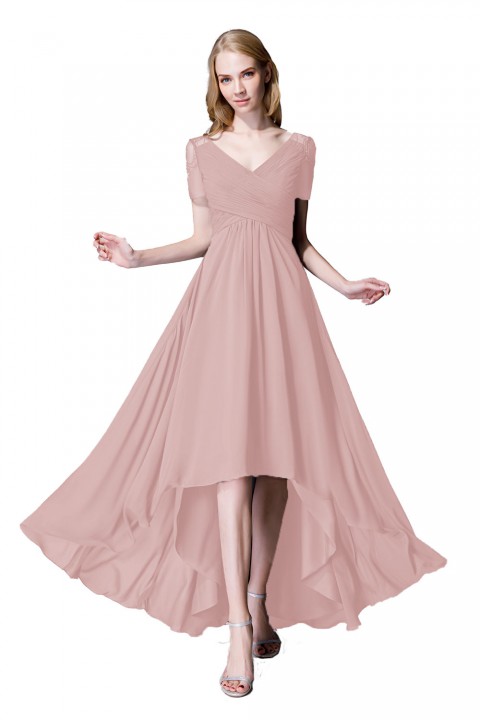 Criss Pleated V-neck High-low Chiffon Bridesmaid Dress with Illusion Sleeves