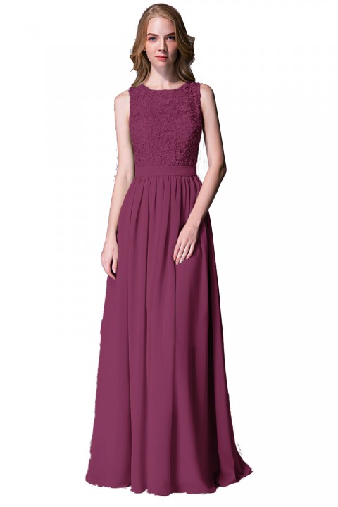 Lace Upper Bodice Illusion Scoop Neck Chiffon Bridesmaid Dress Sleeveless