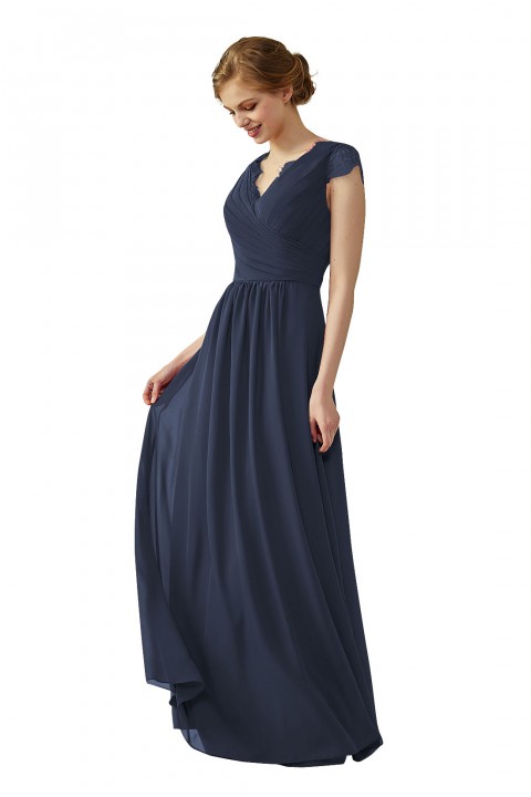 Lace Cap Sleeves  V-Neck Lace Back Closure with Keyhole Bridesmaid Dress