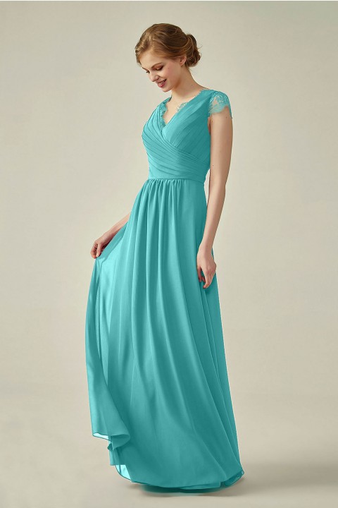 Lace Cap Sleeves  V-Neck Lace Back Closure with Keyhole Bridesmaid Dress