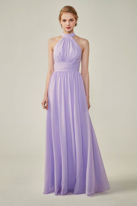 Clearance | Halter Neckline Chiffon Lace Back Halter Bridesmaid Dress with Sash