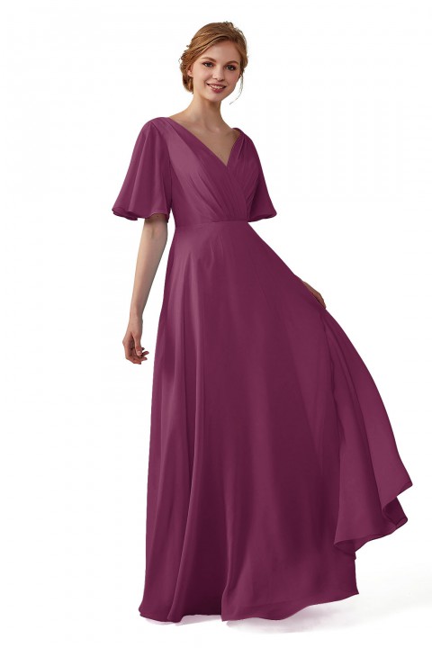 Casual V-Neck Flutter Sleeves Chiffon Ruched Bridesmaid Dress with Keyhole Back