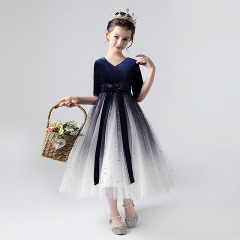 Simple Version Fashionable V Neck Soft Yarn Princess Tulle Skirt Flower Girl Dresses With Bow