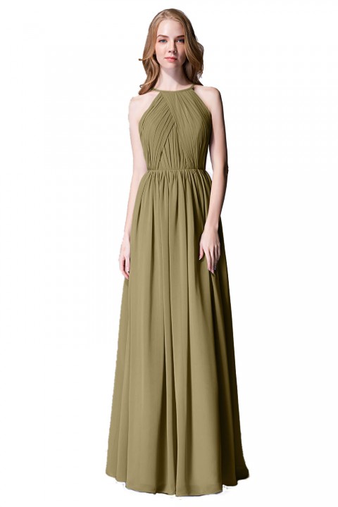 Pleated A-Line Halter Spaghetti-Straps Back Chiffon Bridesmaid Dress