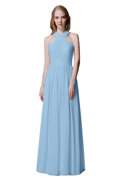 Criss-cross Halter Pleated Chiffon Bridesmaid Dress with Cross-straps Back