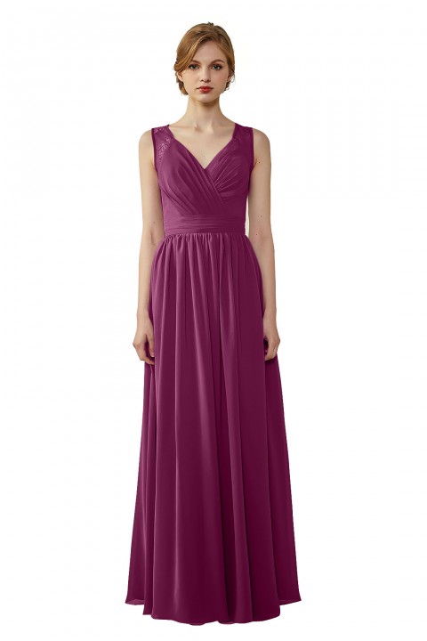 Lace Illusion Back Closure with Button Ruched V-Neck Bridesmaid Dress 