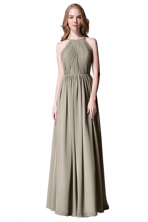 Pleated A-Line Halter Spaghetti-Straps Back Chiffon Bridesmaid Dress