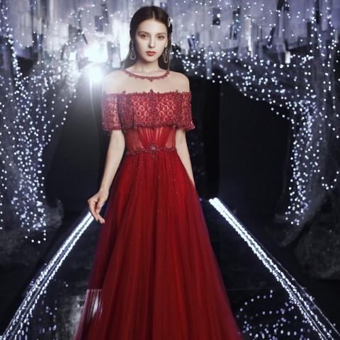 Luxury Off Shoulder Beaded High Waist Tulle Party Dress