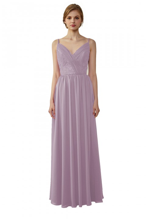 Double Spaghetti Straps Draped Lace Open-back Chiffon Bridesmaid Dress