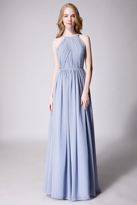 Pleated A-Line Halter Spaghetti-Straps Back Chiffon Bridesmaid Dress