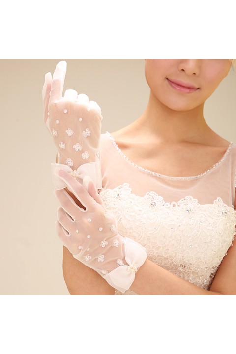 White Pearl Bow Decor Thin Tulle Bridal Gloves