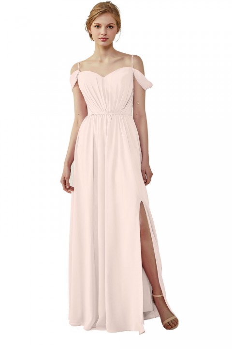 A-Line Cold Shoulder Spaghetti Straps Chiffon Bridesmaid Dress with Side Slit