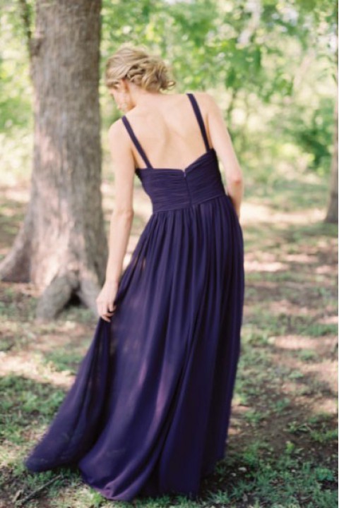 Straps Criss-Pleated V Neck Bridesmaid Dress Long