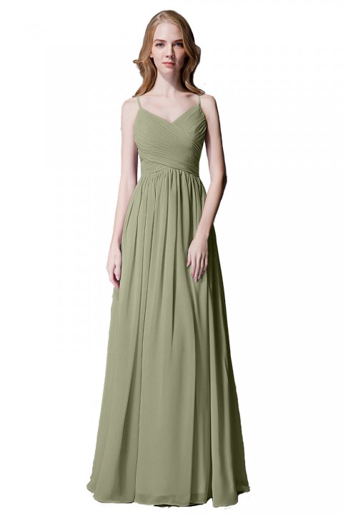 Spaghetti Straps Pleated Chiffon Bridesmaid Dress with Lace Open Back