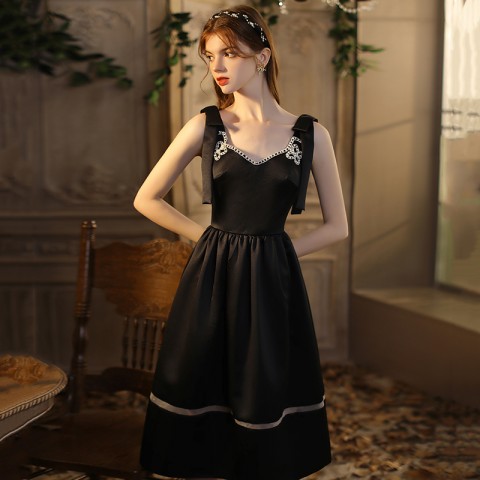 Princess V-Neck Bow Straps Design Sleeveless Satin Party Dress