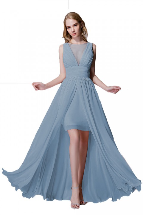 Plunging Illusion Tulle Scoop Neck High Slit Chiffon Bridesmaid Dress