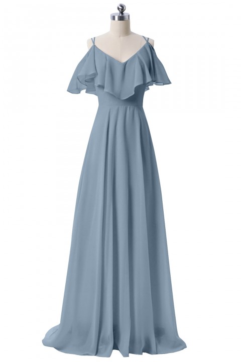 Double Spaghetti Straps V Neck Chiffon Bridesmaid Dress with Flouncing Top