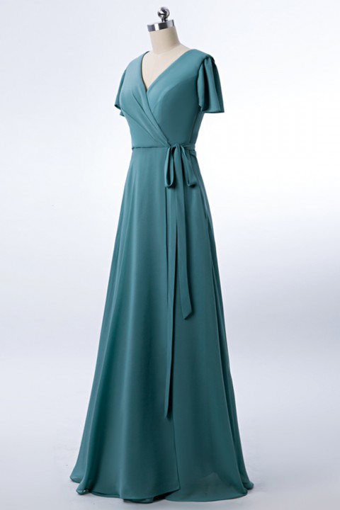 V-neck Short Sleeves Side Slit Skirt Chiffon Bridesmaid Dress with Belt