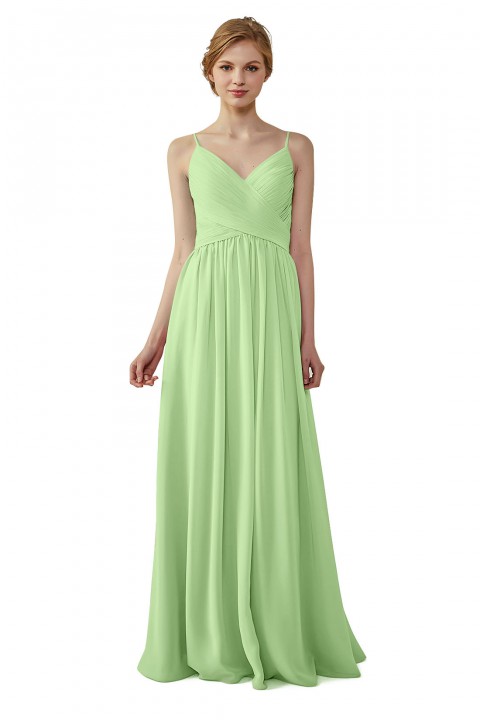 Spaghetti Straps Pleated Low V Back Bridesmaid Dress