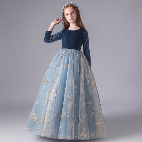 Round Neck Long Sleeve Velet With Sequined Tulle Skirt Girls Pageant Dresses