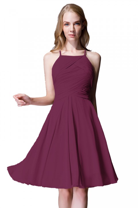 Elegant Halter Tea Length Pleated Chiffon Bridesmaid Dress with Tie Back