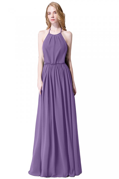 Halter Spaghetti Strap Open Back Chiffon Bridesmaid Dress with Sash