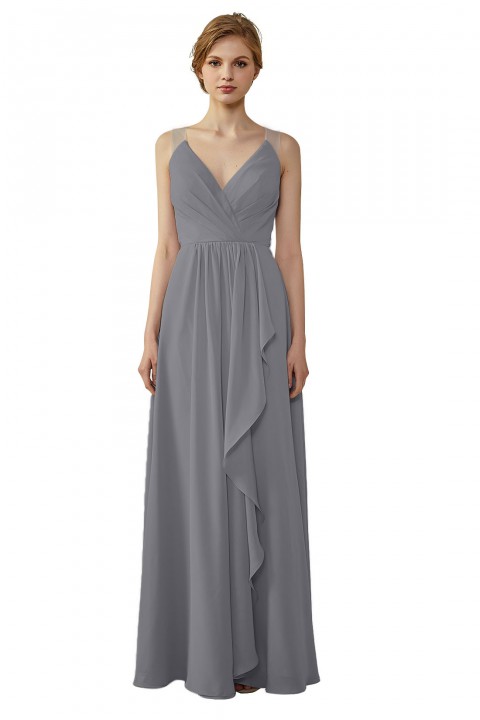 Lace Illusion Back Clousre Tulle Strap V-Neck Bridesmaid Dress with Ruffle