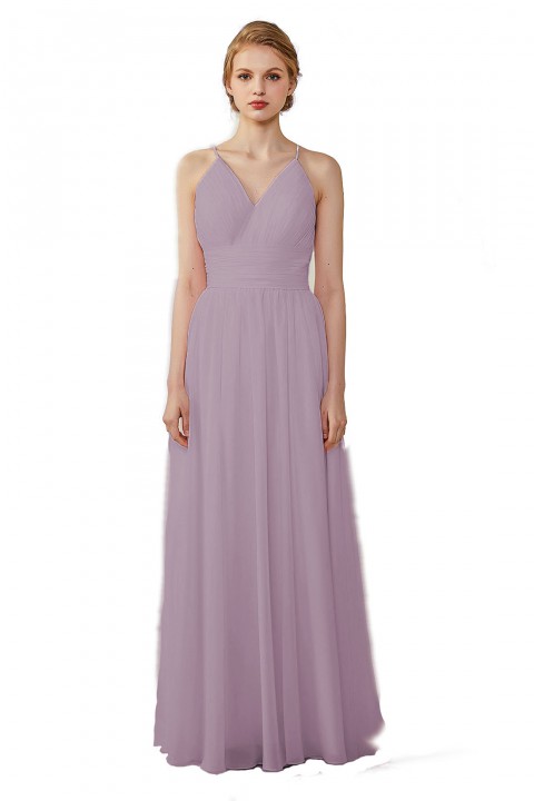 Spaghetti Straps V-Neck Bridesmaid Dress Open Back with Triangle Lace Detail