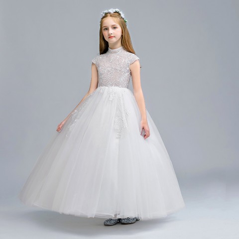 High Collar Sleeveless Embroidery Pattern Decor Tulle Skirt Girls Pageant Dresses