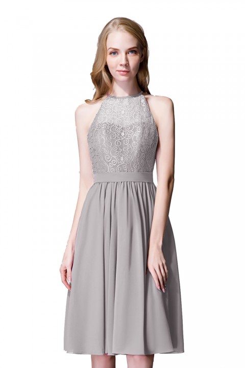 Illusion High Neck Halter Lace Short Bridesmaid Dress with Tie Detail