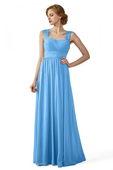 Pleated Long Chiffon Open Back Lace Strap Bridesmaid Dress