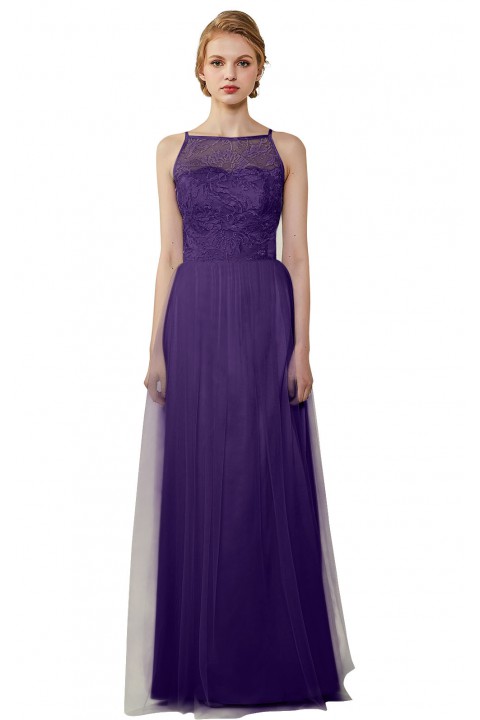 Tulle Lace Illusion Boatneck and Back Bridesmaid Dress with Keyhole 