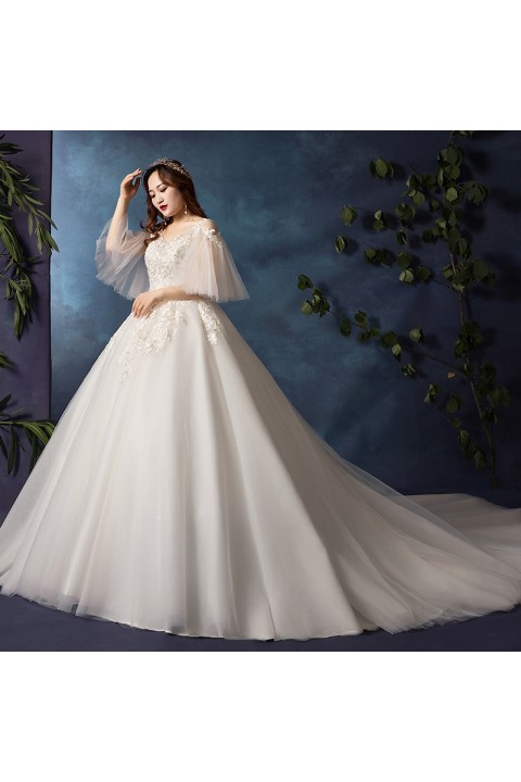 Plus Size 2021 Open Shoulder V Neck Ruffle Tulle Sleeves Beaded Decor Embroidered Flower Tulle Wedding Dress With Long Train