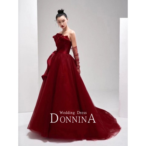 Burgundy Off Shoulder Big Bow Design Flower Decor Tulle Skirt Satin Party Dress