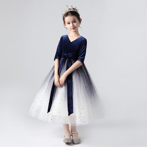 Simple Version Fashionable V Neck Soft Yarn Princess Tulle Skirt Flower Girl Dresses With Bow