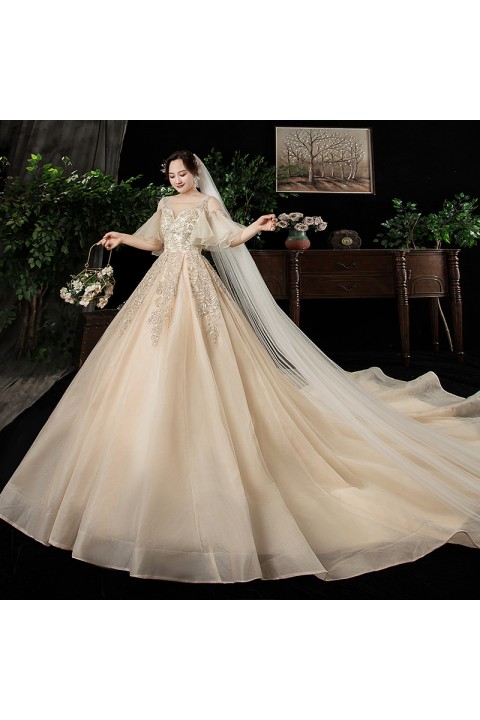 Plus Size 2021 Open Shoulder Deep V Neck Ruffle Sleeves Beaded Flower Tulle Wedding Dress With Long Train