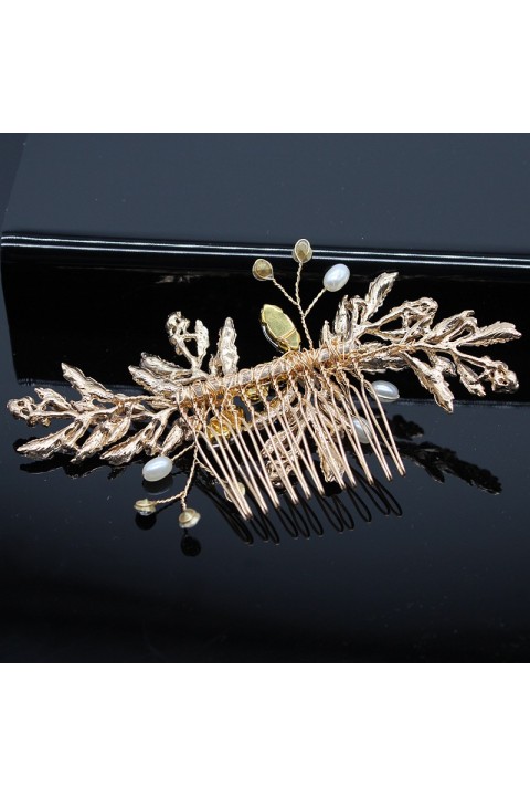 Leaf Shaped Pearl Crystal Hair Comb