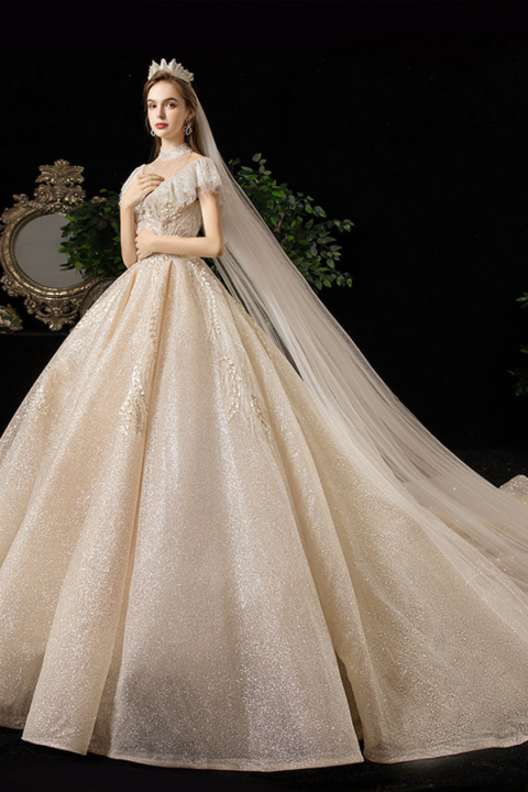 2021 New Gorgeous Deep V Neck Cap Sleeves Beads Decor Tulle Wedding Dress With Long Train