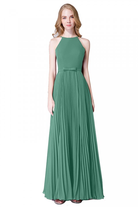 Fit-and-Flare Slit High-Neck Halter Bridesmaid Dress with Bowknot