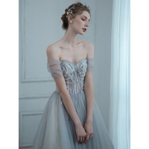 Grey Off Shoulder Bowknot Decor Beaded Decor Tulle Party Dress