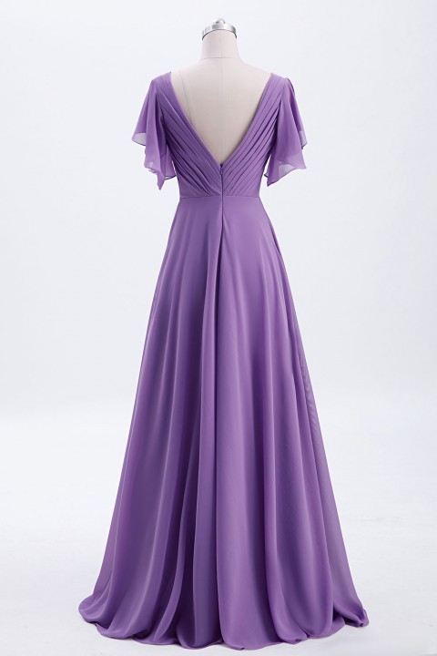 Flutter Sleeve Chiffon Ruched V Back Bridesmaid Dress Long