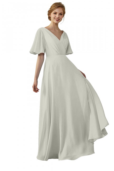 Casual V-Neck Flutter Sleeves Chiffon Ruched Bridesmaid Dress with Keyhole Back