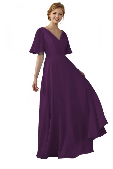 Casual V-Neck Flutter Sleeves Chiffon Ruched Bridesmaid Dress with Keyhole Back