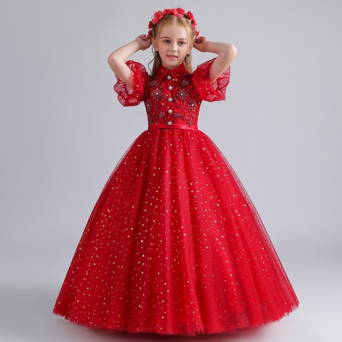 Wine Red Shirt Collar Cap Sleeve Sequined&Beading Tulle Skirt Girls Pageant Dresses