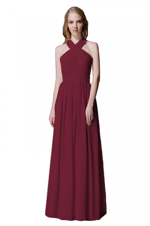 Criss-cross Halter Pleated Chiffon Bridesmaid Dress with Cross-straps Back